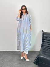 Çizgili Düğmeli Cepli Uzun Muslin Gömlek Elbise 8898 - İndigo