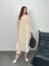 Çizgili Düğmeli Cepli Uzun Muslin Gömlek Elbise 8898 - Bej