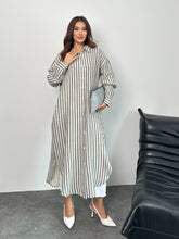 Çizgili Düğmeli Cepli Uzun Muslin Gömlek Elbise 8898 - Antrasit