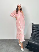 Çizgili Düğmeli Cepli Uzun Muslin Gömlek Elbise 8898 - Pembe
