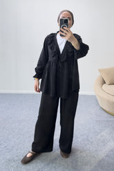 Fırfır Yaka Bağlamalı Tunik ve Geniş Paça Pantolonlu Takım 8845 - Siyah