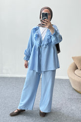 Fırfır Yaka Bağlamalı Tunik ve Geniş Paça Pantolonlu Takım 8845 - Mavi