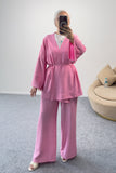 Taş Detaylı Kuşaklı Kimono Ceket ve Geniş Paça Pantolonlu İkili Takım 8869 - Pembe