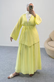 Kuşaklı Taş Detaylı Kimono Bluz ve Uzun Etekli İkili Takım 8866 - Sarı