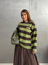 Kadın Baskılı Çizgili Bisiklet Yaka Oversize Sweatshirt 27222 - Yeşil