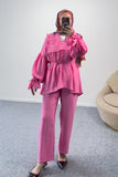 Fırfır Yaka Büzgülü Bluz ve Boru Paça Pantolonlu İkili Takım 8862 - Pembe