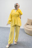 Fırfır Yaka Büzgülü Bluz ve Boru Paça Pantolonlu İkili Takım 8862 - Sarı
