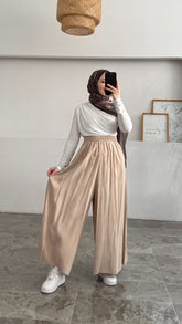 Beli Lastikli Geniş Paça Modal Etekli Pantolon 8809 - Bej