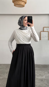 Beli Lastikli Geniş Paça Modal Etekli Pantolon 8809 - Siyah