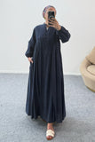 Göğsü Büzgü Detaylı Düğmeli Cepli Uzun Elbise 8032 - Lacivert