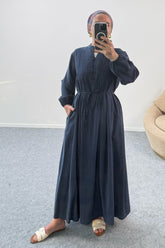 Göğsü Büzgü Detaylı Düğmeli Cepli Uzun Elbise 8032 - Lacivert