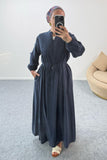 Göğsü Büzgü Detaylı Düğmeli Cepli Uzun Elbise 8032 - Lacivert