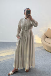 Göğsü Büzgü Detaylı Düğmeli Cepli Uzun Elbise 8032 - Bej