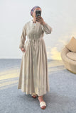 Göğsü Büzgü Detaylı Düğmeli Cepli Uzun Elbise 8032 - Bej