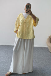 Dokulu V Yaka Tek Düğmeli Ceket 8877 - Sarı