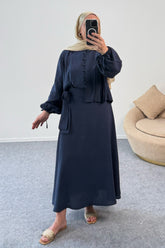 Kolları Büzgülü Nervürlü Kuşaklı Gömlek ve Uzun Etekli İkili Takım 8875 - Lacivert