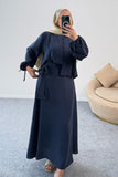 Kolları Büzgülü Nervürlü Kuşaklı Gömlek ve Uzun Etekli İkili Takım 8875 - Lacivert