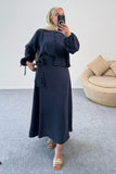 Kolları Büzgülü Nervürlü Kuşaklı Gömlek ve Uzun Etekli İkili Takım 8875 - Lacivert