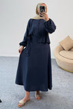 Kolları Büzgülü Nervürlü Kuşaklı Gömlek ve Uzun Etekli İkili Takım 8875 - Lacivert