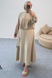 Kolları Büzgülü Nervürlü Kuşaklı Gömlek ve Uzun Etekli İkili Takım 8875 - Bej