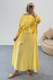 Kolları Büzgülü Nervürlü Kuşaklı Gömlek ve Uzun Etekli İkili Takım 8875 - Sarı