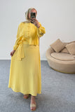 Kolları Büzgülü Nervürlü Kuşaklı Gömlek ve Uzun Etekli İkili Takım 8875 - Sarı