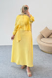 Kolları Büzgülü Nervürlü Kuşaklı Gömlek ve Uzun Etekli İkili Takım 8875 - Sarı