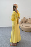 Kolları Büzgülü Nervürlü Kuşaklı Gömlek ve Uzun Etekli İkili Takım 8875 - Sarı