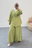 Büzgülü Balon Kollu Kemer Detaylı Bluz ve Geniş Paça Pantolonlu İkili Takım 8882 - Yeşil