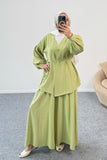 Büzgülü Balon Kollu Kemer Detaylı Bluz ve Geniş Paça Pantolonlu İkili Takım 8882 - Yeşil