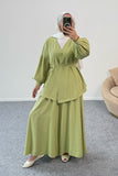 Büzgülü Balon Kollu Kemer Detaylı Bluz ve Geniş Paça Pantolonlu İkili Takım 8882 - Yeşil