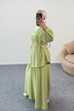 Büzgülü Balon Kollu Kemer Detaylı Bluz ve Geniş Paça Pantolonlu İkili Takım 8882 - Yeşil