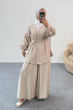 Büzgülü Balon Kollu Kemer Detaylı Bluz ve Geniş Paça Pantolonlu İkili Takım 8882 - Bej