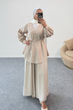 Büzgülü Balon Kollu Kemer Detaylı Bluz ve Geniş Paça Pantolonlu İkili Takım 8882 - Bej