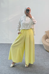 Beli Lastikli Geniş Paça Modal Etekli Pantolon 8809 - Sarı