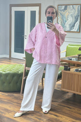 Dokulu V Yaka Tek Düğmeli Ceket ve Geniş Paça Pantolonlu İkili Takım 8883 - Pembe