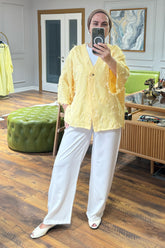 Dokulu V Yaka Tek Düğmeli Ceket ve Geniş Paça Pantolonlu İkili Takım 8883 - Sarı