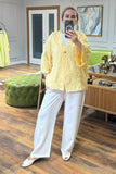 Dokulu V Yaka Tek Düğmeli Ceket ve Geniş Paça Pantolonlu İkili Takım 8883 - Sarı