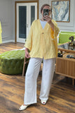 Dokulu V Yaka Tek Düğmeli Ceket ve Geniş Paça Pantolonlu İkili Takım 8883 - Sarı