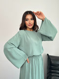 Overlok Detaylı Bluzlu ve Etekli İkili Takım 8045 - Su yeşili