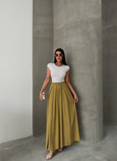 Hatun Atila Modal Kumaş Beli Lastikli Cepli Etek 8821 Yağ Yeşili