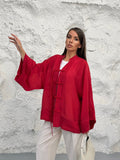 Kadın Hakim Yaka Brit Düğmeli Saçak Detaylı Geniş Kol Ceket Kimono 0133 - Kırmızı