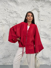 Kadın Hakim Yaka Brit Düğmeli Saçak Detaylı Geniş Kol Ceket Kimono 0133 - Kırmızı