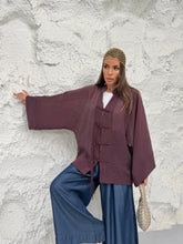 Kadın Hakim Yaka Brit Düğmeli Saçak Detaylı Geniş Kol Ceket Kimono 0133 - Mürdüm