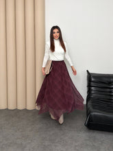 Kadın Bordo Ekose Desenli Yüksek Bel Lastikli Şifon Asimetrik Uçlu Uzun Etek 52861