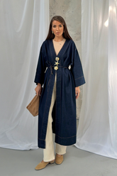 V Yaka Aksesuarlı Beli Bağlamalı Uzun Denim Kimono 9133 - Lacivert