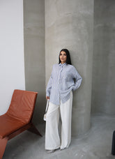 Hatun Atila Çizgili Uzun Kollu Müslin Gömlek 5194 Lacivert