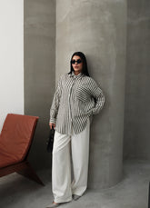 Hatun Atila Çizgili Uzun Kollu Müslin Gömlek 5194 Siyah