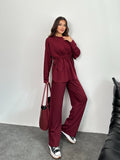 Bel Bağcıklı Dökümlü Üst ve Bol Paça Pantolonlu Oysho Takım 3002 - Bordo
