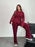 Bel Bağcıklı Dökümlü Üst ve Bol Paça Pantolonlu Oysho Takım 3002 - Bordo